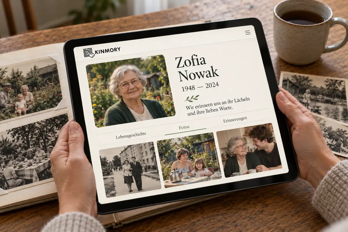 Zwei Hände halten ein Tablet mit der Gedenkseite von Zofia Nowak: Porträt einer älteren Frau mit Brille und drei Familienfotos, daneben ein aufgeschlagenes Album