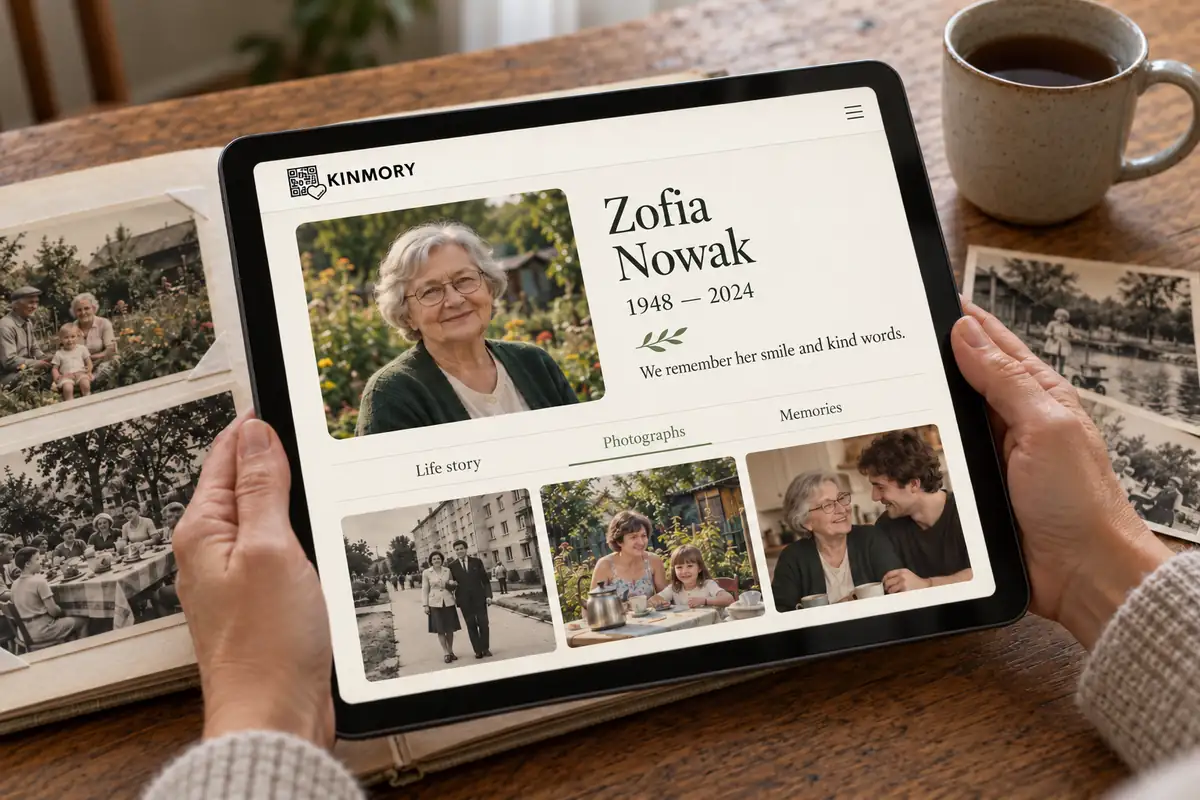 A tablet held in two hands shows the memorial page of Zofia Nowak with a portrait of an older woman in glasses and three family photographs, an open album beside it
