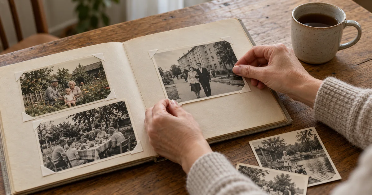 Kronika rodzinna: dłonie wkładają w narożniki albumu stare zdjęcie pary na miejskiej ulicy, obok fotografie dziadków na działce i rodziny przy stole w ogrodzie